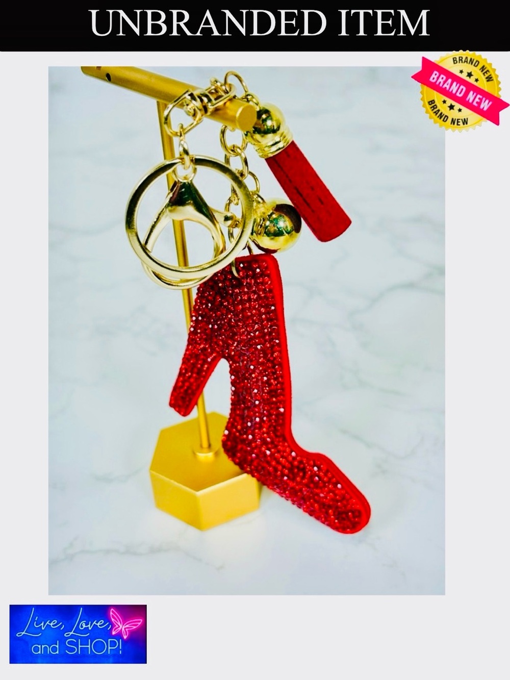 A-1DC-39: BAG CHARM/KEYCHAIN: Red w/Golden Accents, Gems w/Ball & Tassel, NIP